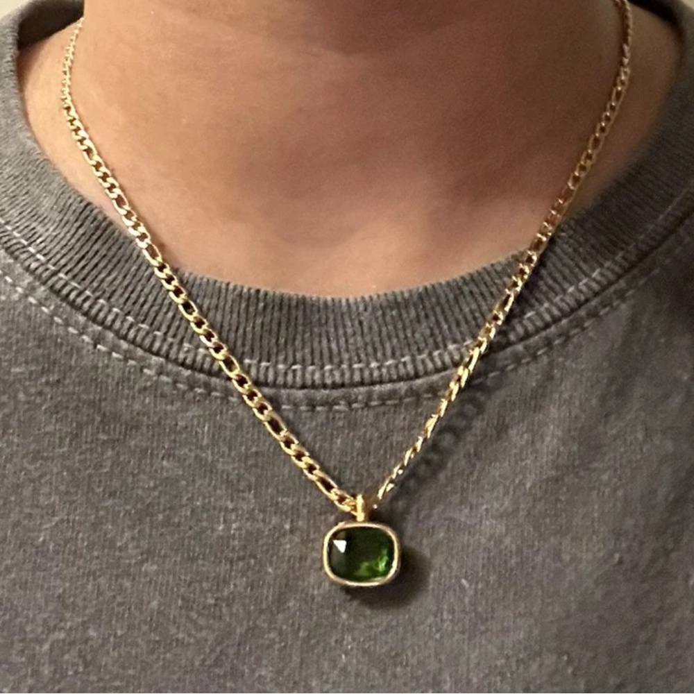 New! Figaro Chain Green Zirconia Emerald Color Pendant, 18k Gold Plated Necklace
